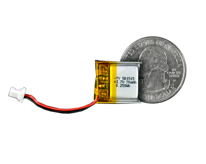 Lithium Ion Polymer Battery - 3.7V 70mAh quarter size comparison